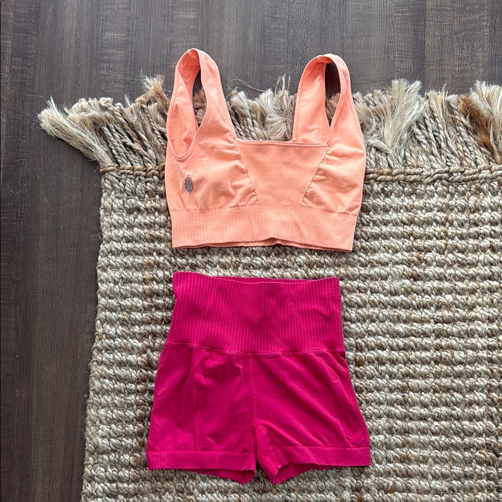 Free People Movement Good Karma Peach Sports Bra and Pink Shorts Set